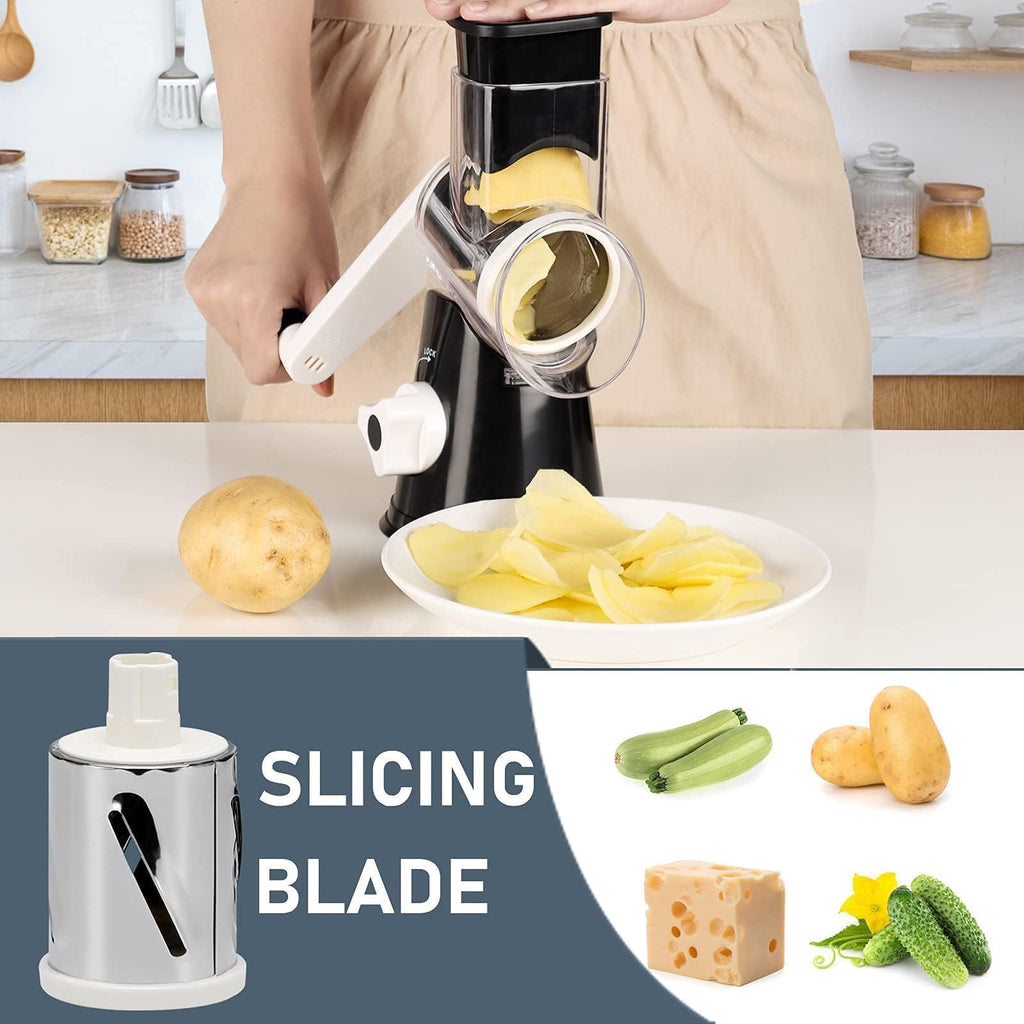 KEOUKE Rotary Cheese Grater Hand Crank Light Blue - Shredder Slicer Grinder 3 Stainless Steel Blades, Stable Suction, Labor-Saving Handle, Safe Kitchen Tool for Cheese, Vegetable, Nuts, Chocolate