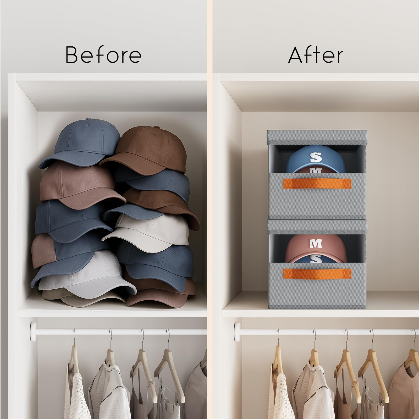 Homsorout Hat Organizer for Baseball Caps - 3 Pack Stackable Foldable Protective Lids Hat Storage Box with Clear Window Baseball cap organizer for Closet, Bedroom, Rv, Grey
