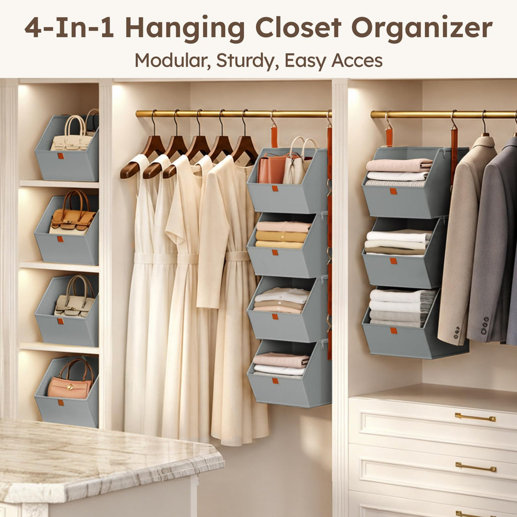Homsorout Hanging Closet Organizer 4 Tier - Clothes Hanging Shelves, Space-Saving Closet System, Fabric Storage Bins Bedroom Organization, Collapsible Baskets for Home, Dorm, Rv, Beige