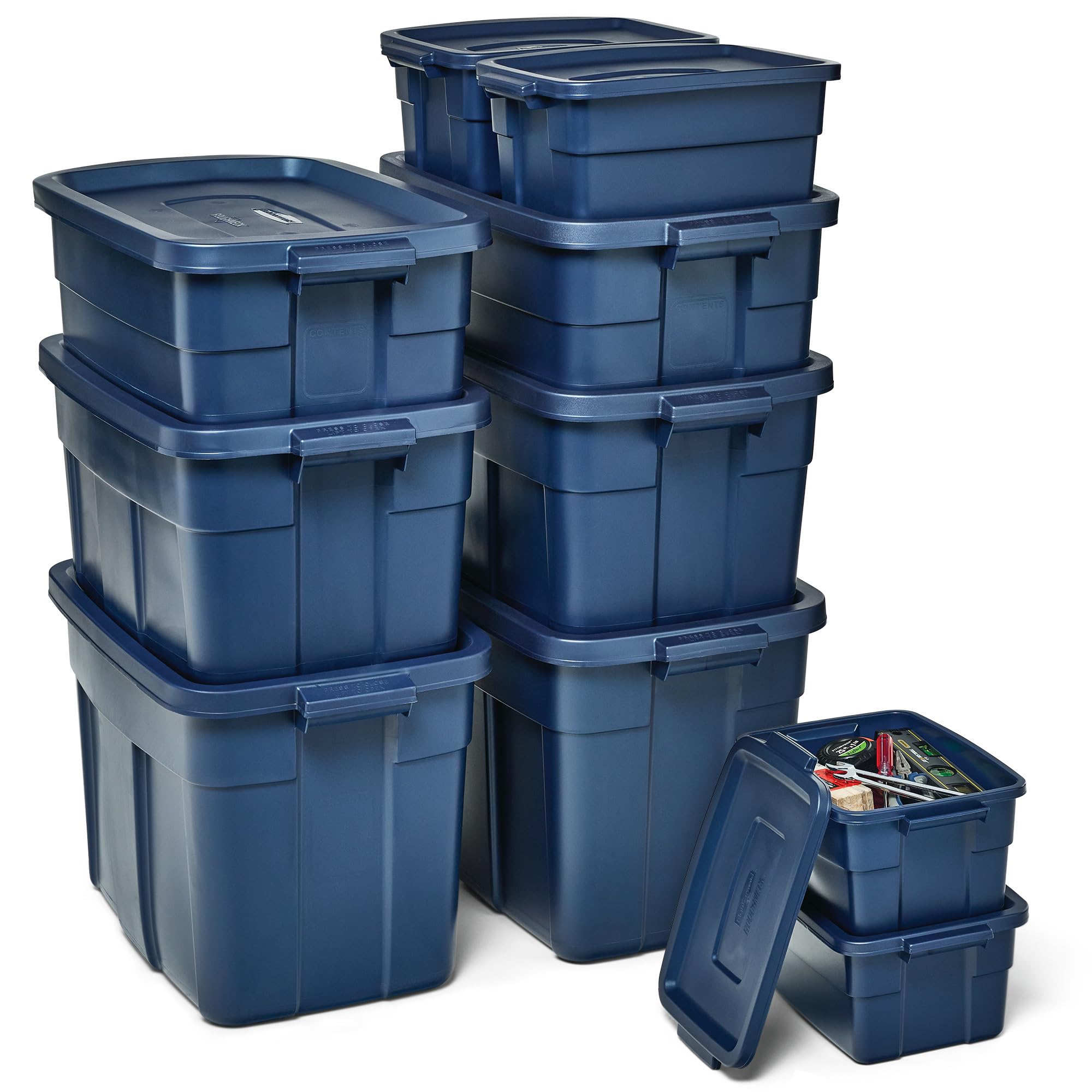 Rubbermaid Roughneck Tote 14 Gal, 6 Pack, Made in USA, Dark Indigo Metallic, Rugged Plastic Stackable Storage Bins with Lids and Handles