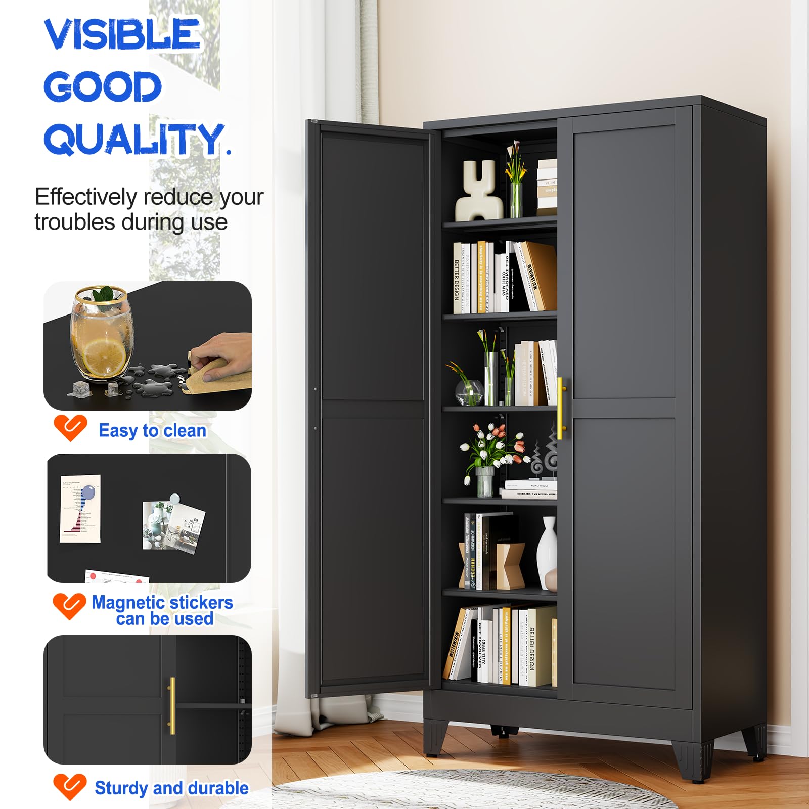 GAIOUS Metal Pantry Cabinet, Kitchen Pantry Storage Cabinets with 2 Door and 3 Adjustable Shelves, White Kitchen Pantry Cabinet, Freestanding Cupboard for Dining Room Living Room Bathroom
