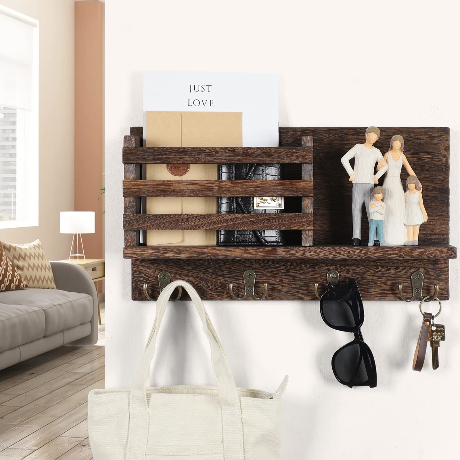 Key & Mail Holder for Wall - Rustic Natural Paulownia Wood, 4 Double-Hook Hangers - Wall Mounted Organizer for Decor, Bags, Accessories - Hardware & Manual Included (Brown)