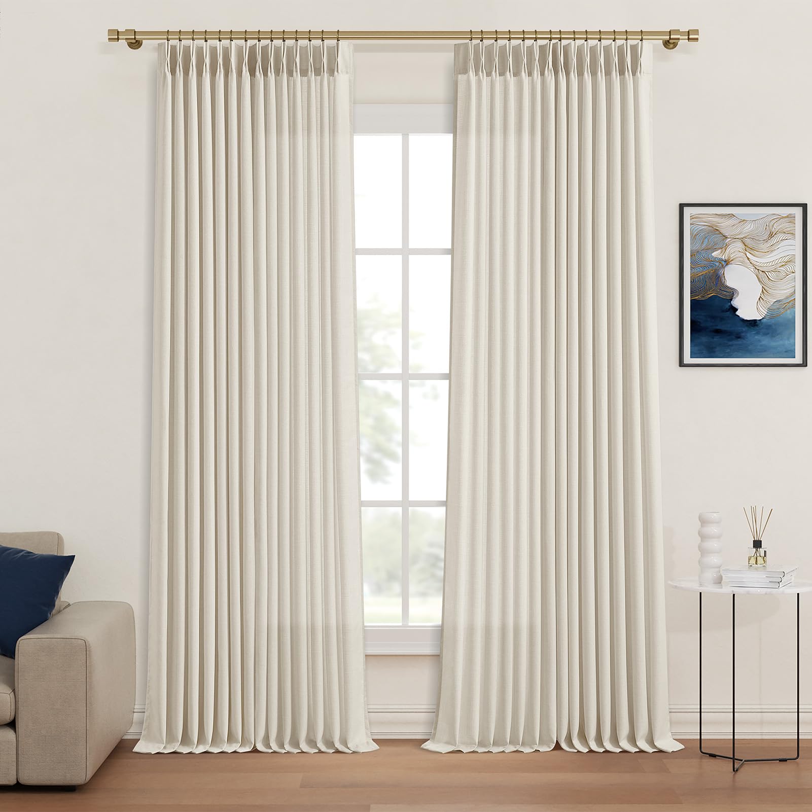 Pinch Pleated Linen Curtains 96 Inches Extra Long Olive Green Drapes, Thick Linen Light Filtering Memory Trained Pleat Curtain for Living Room and Bedroom Privacy 2 Panels Texture with Back Tab