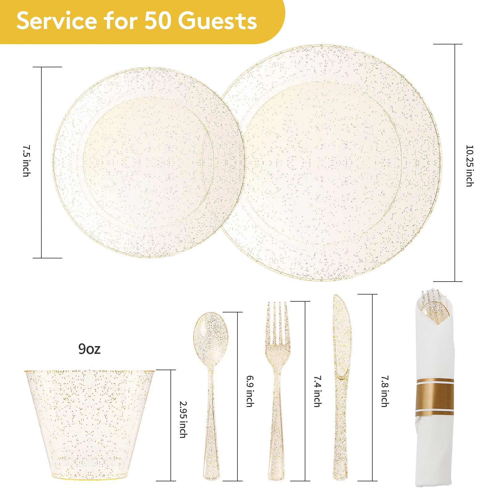 Goodluck 350 Piece Silver Plastic Dinnerware Set for 50 Guests, Fancy Disposable Plates for Party, Include: 50 Dinner Plates, 50 Dessert Plates, 50 Pre Rolled Napkins with Silver Silverware, 50 Cups