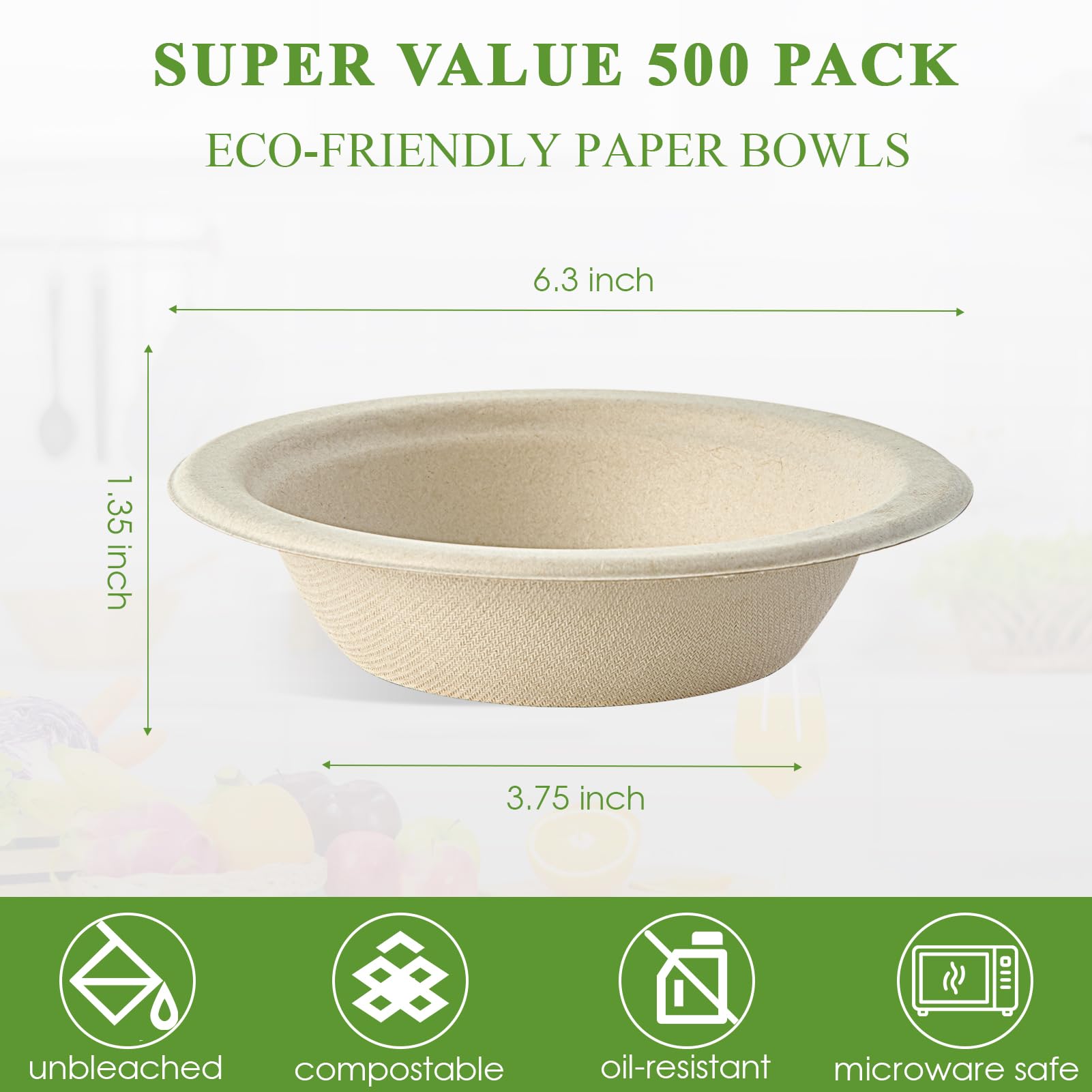 Vplus 500 Pack 12 OZ Paper Bowls Bulk, Disposable Compostable, Eco-friendly Bagasse, Heavy-duty Bowls Perfect for Milk Cereals, Snacks, Salads