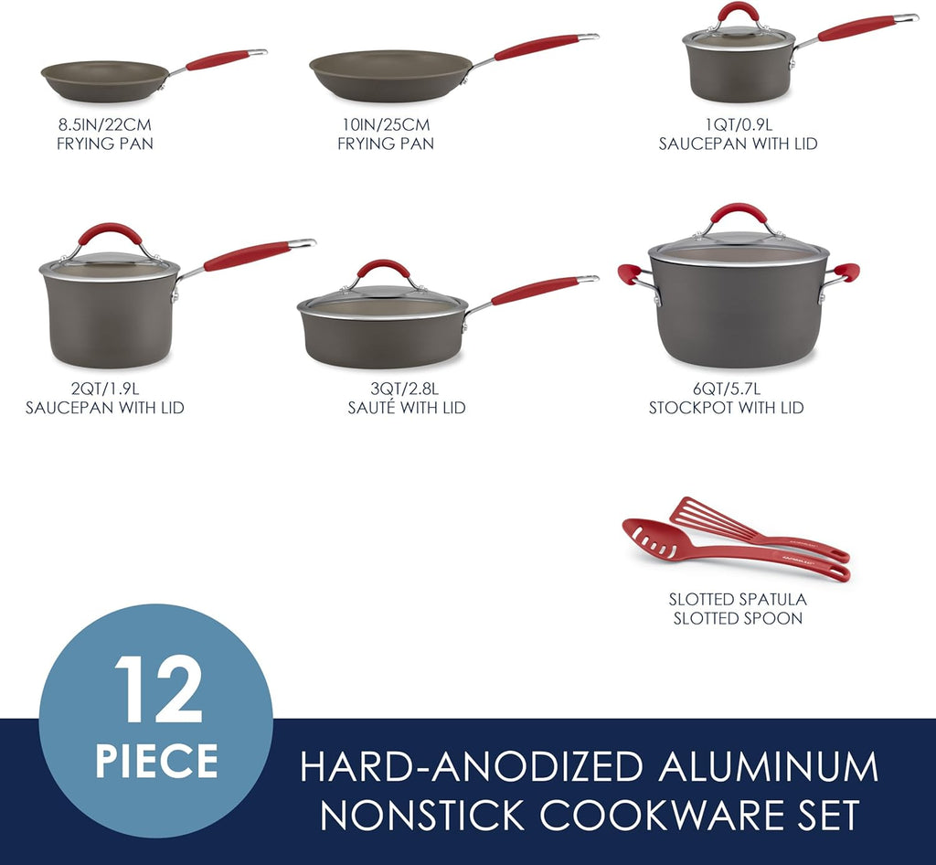 Rachael Ray - 16802 Rachael Ray Cucina Nonstick Cookware Pots and Pans Set, 12 Piece, Sea Salt Gray