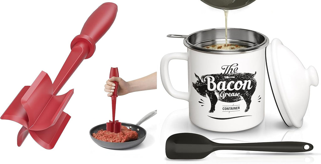Red Meat Chopper and White Bacon Grease Container