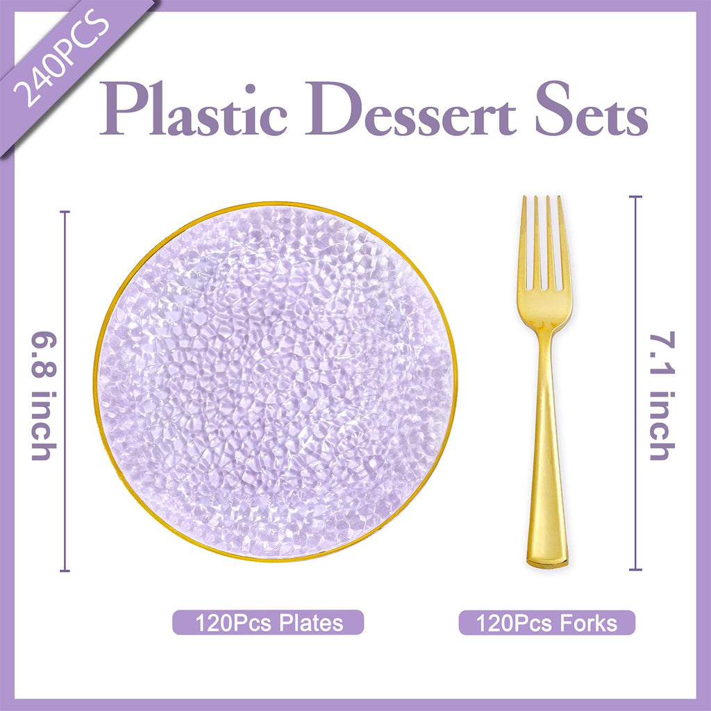 DaYammi 240Pcs Gold Plastic Plates Including 120Pcs Dessert Plates and 120Pcs Cake Forks,Hammered Party Plate,Clear Gold Appetizer plates Heavy duty Disposable Plastic Plate for Party Wedding Birthday