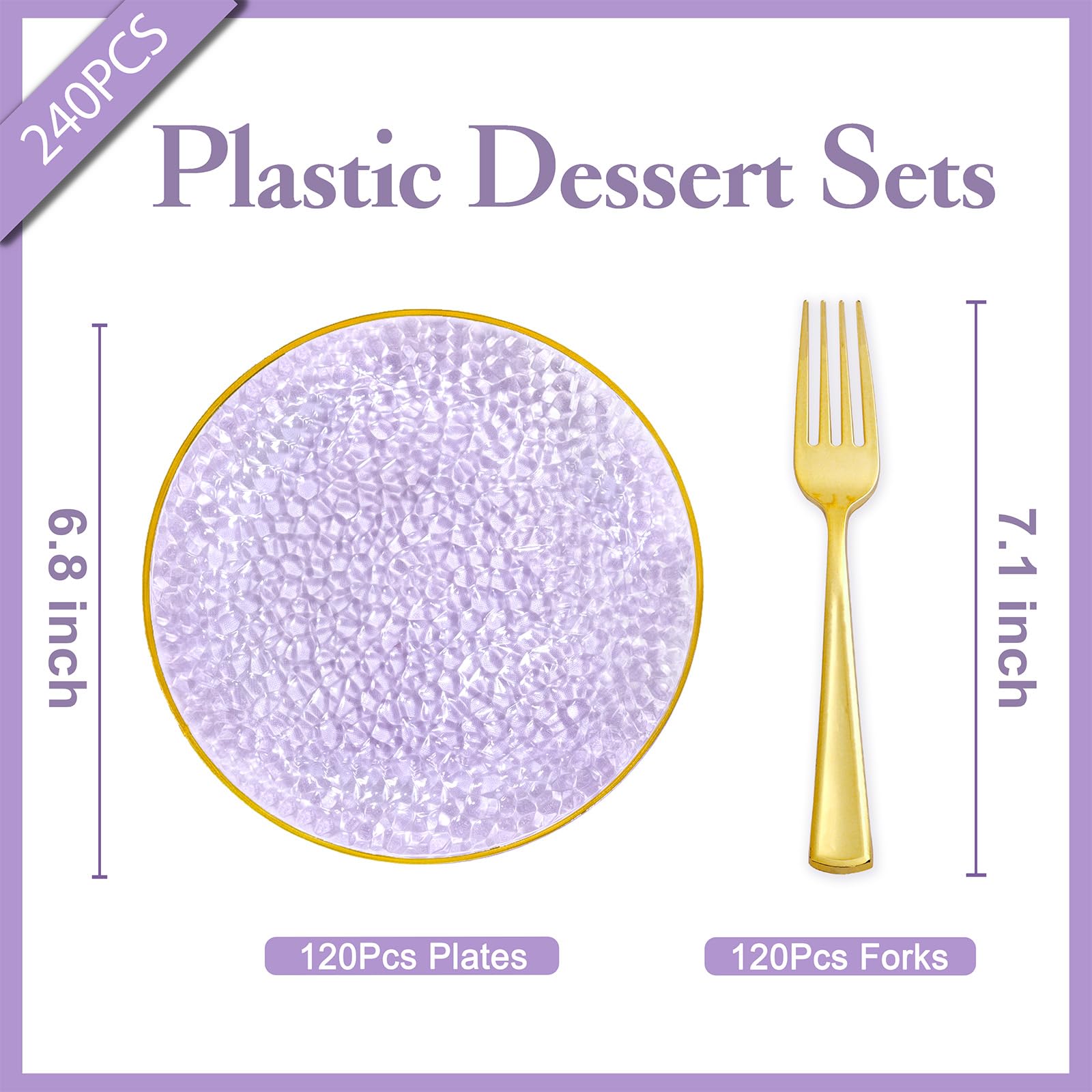 DaYammi 240Pcs Gold Plastic Plates Including 120Pcs Dessert Plates and 120Pcs Cake Forks,Hammered Party Plate,Clear Gold Appetizer plates Heavy duty Disposable Plastic Plate for Party Wedding Birthday