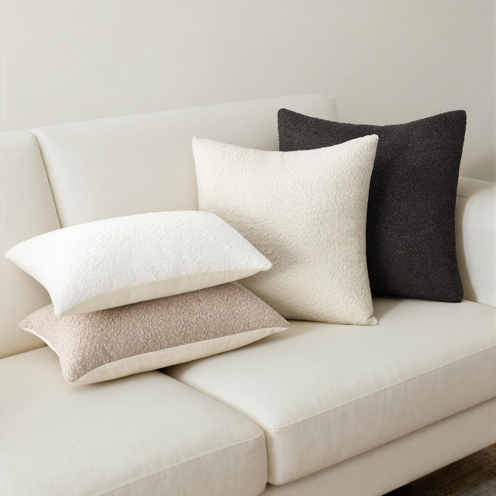 Topfinel Boucle Decorative Pillow Covers 18x18 Inches Set of 4 Neutral Cream Ivory White Pillowcase with Linen Cotton Back Chair Sofa Modern & Minimal Living Room Spring Home Decor