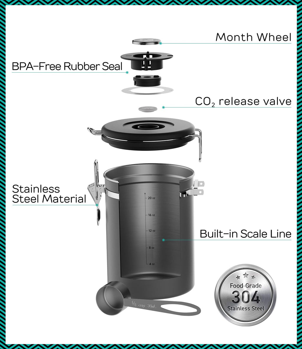 Coffee Gator Stainless Steel Canister - Medium 16oz, Gray Coffee Grounds and Beans Container with Date-Tracker, CO2-Release Valve, and Measuring Scoop - Ideal Coffee Lovers Gifts