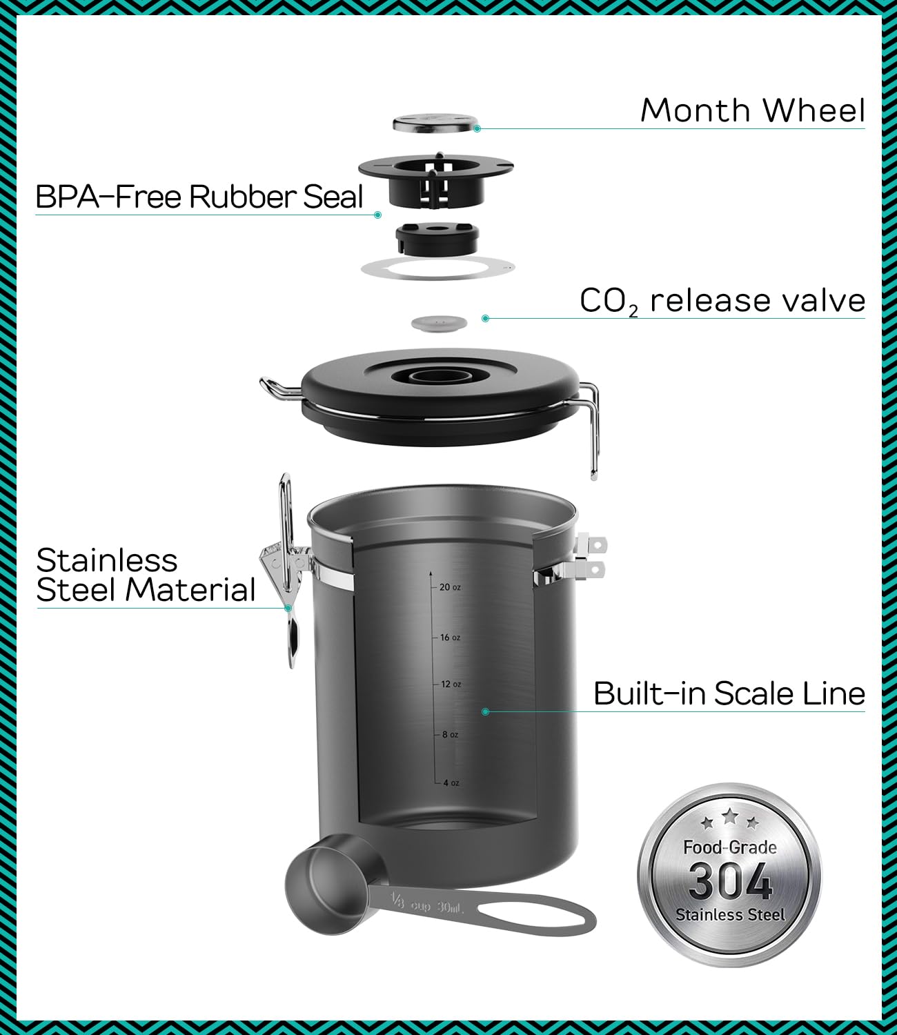 Coffee Gator Stainless Steel Canister - Medium 16oz, Gray Coffee Grounds and Beans Container with Date-Tracker, CO2-Release Valve, and Measuring Scoop - Ideal Coffee Lovers Gifts