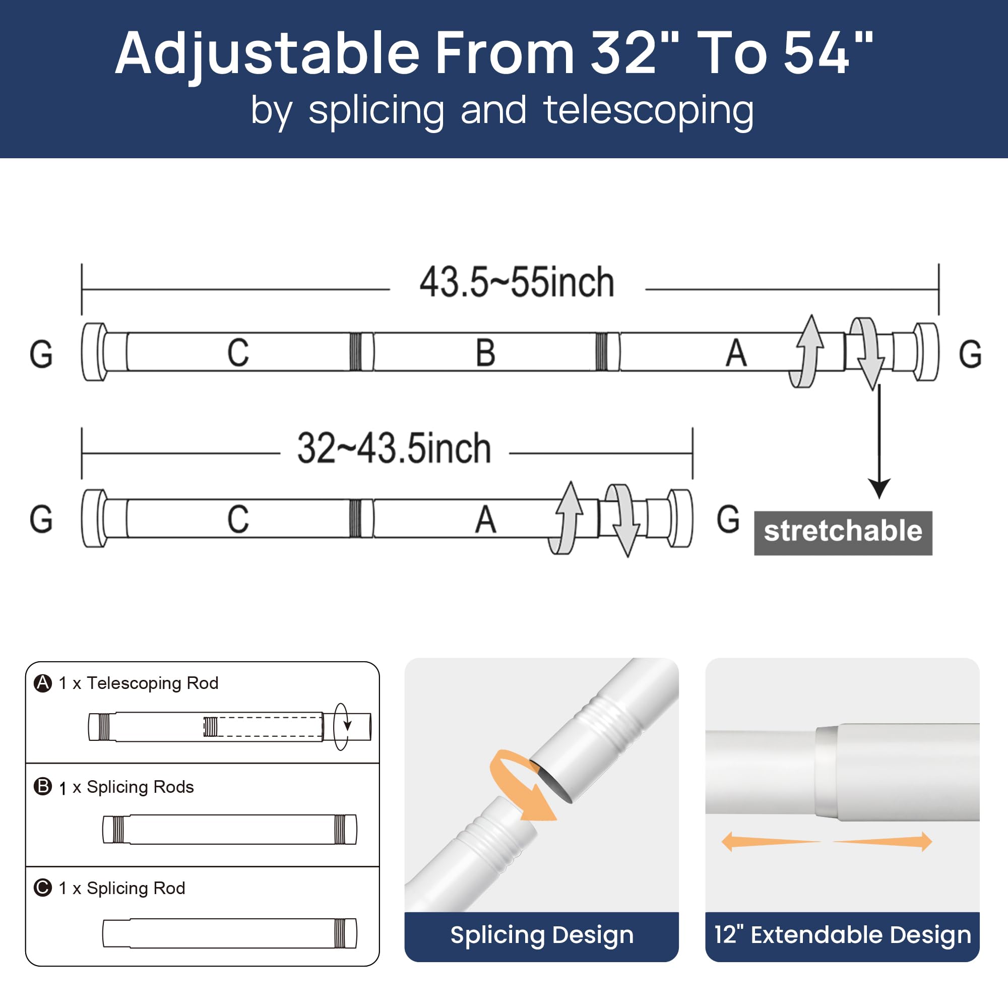 ENJOYBASICS 2 Pack Adjustable Spring Tension Curtain Rods 32 to 66 Inches, Stainless Steel Matte Black Shower Rod No Drilling for Window, Bathroom, Closet, Room Divider, 7/8" Diameter