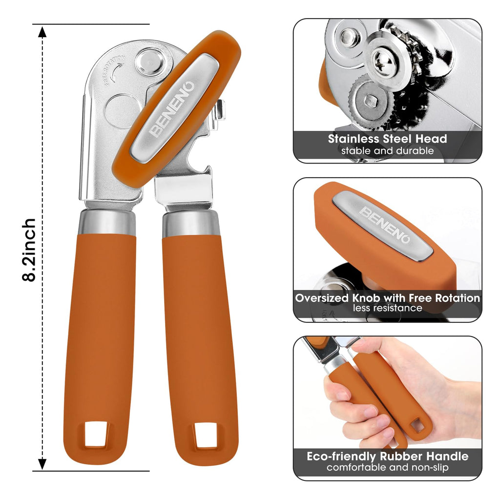 Beneno Heavy Duty Hand Can Opener Manual with Magnet, Durable Sharp Carbon Steel Blade Smooth Cutting, Big Effort-Saving Knob & Soft Grip Handle, Multifunctional Kitchen Tool with Bottle Opener, Green