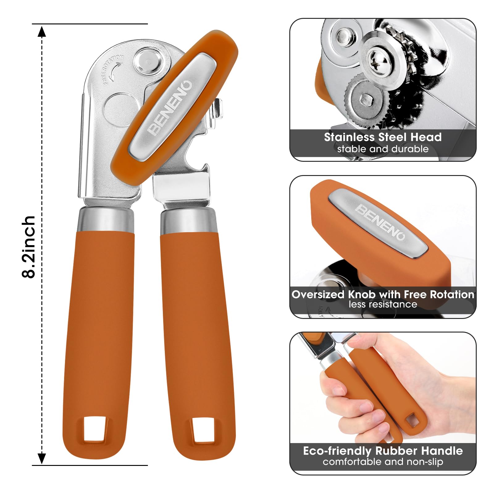 Beneno Heavy Duty Hand Can Opener Manual with Magnet, Durable Sharp Carbon Steel Blade Smooth Cutting, Big Effort-Saving Knob & Soft Grip Handle, Multifunctional Kitchen Tool with Bottle Opener, Green