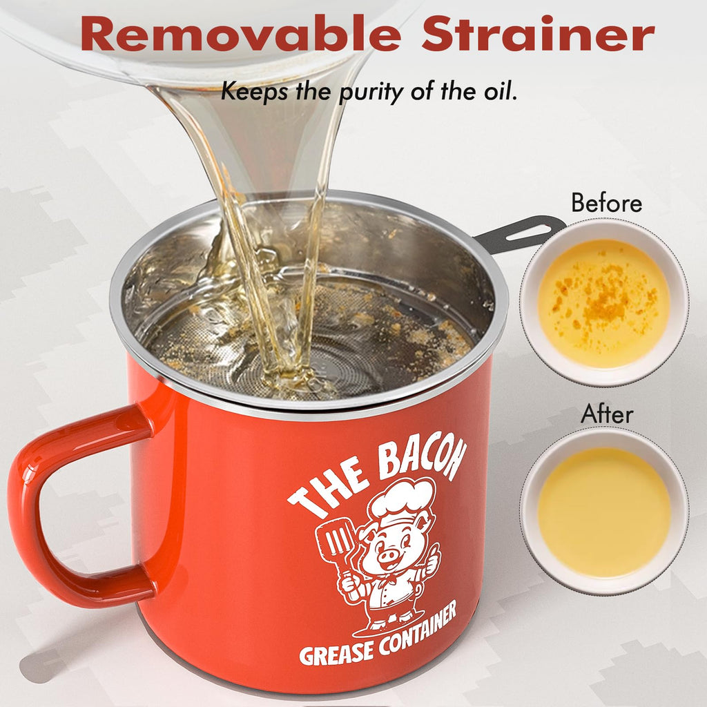 PGYARD Mini Bacon Grease Saver With Strainer - 15OZ Enamel Grease Container, Farmhouse Bacon Grease Keeper For Kitchen Fat Storage, Dishwasher Safe-Red