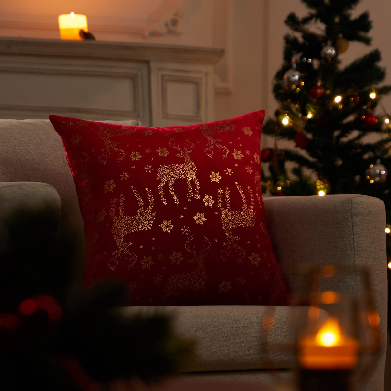 Topfinel Christmas Pillow Covers 18x18 Set of 2,Xmas Cream Velvet Snowflake Reindeer Decorative Pillow Case Winter Holiday Decor for Home Couch,White and Gold