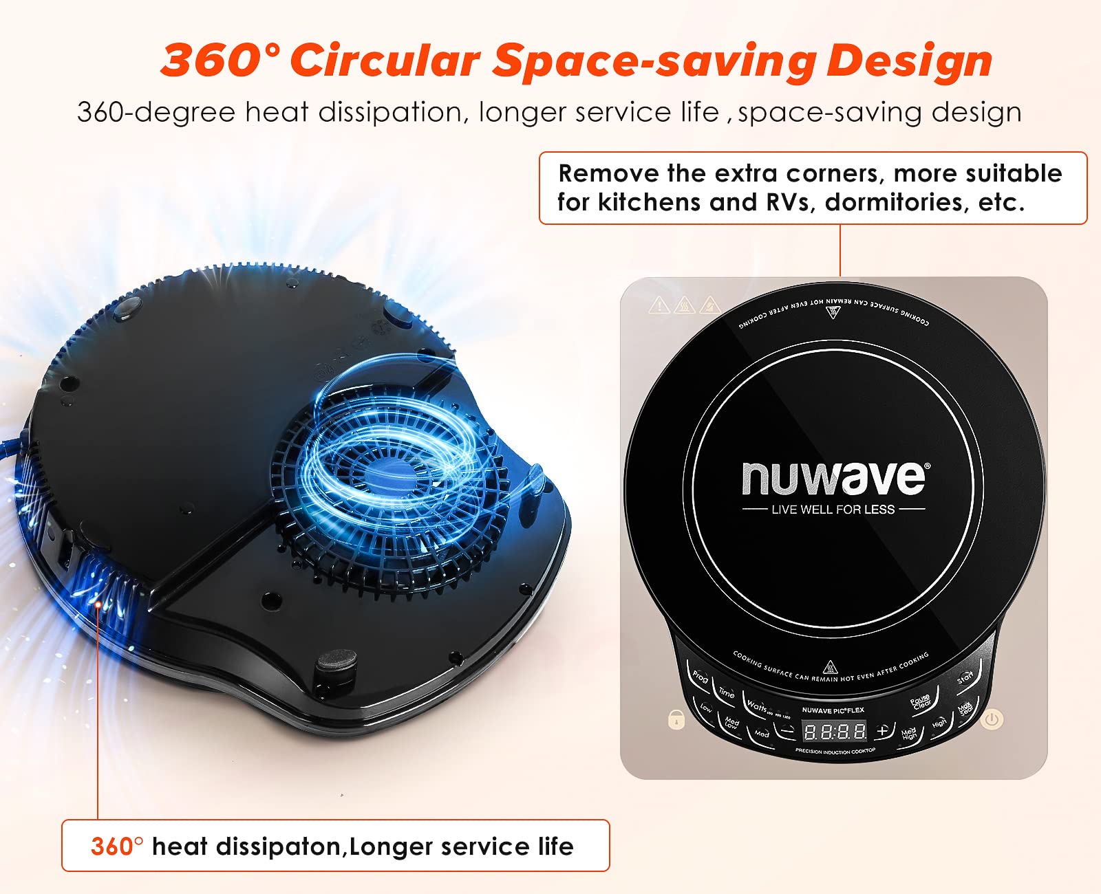 Nuwave Flex Precision Induction Cooktop, 10.25” Shatter-Proof Ceramic Glass, 6.5” Heating Coil, 45 Temps from 100°F to 500°F, 3 Wattage Settings 600, 900 & 1300 Watts, Black