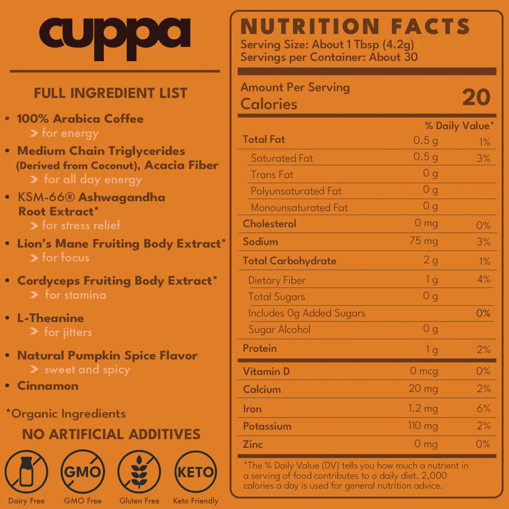 Cuppa Medium Roast Mushroom Coffee with Adaptogens & Superfoods - Lion’s Mane, Ashwagandha & Cordyceps. Adaptogens + MCT to support natural energy, mental focus & gut health (30 Servings)