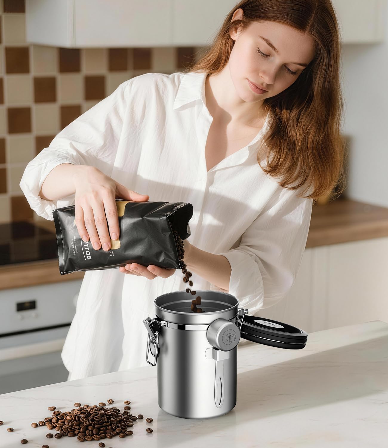 Coffee Gator Stainless Steel Canister - Medium 16oz, Gray Coffee Grounds and Beans Container with Date-Tracker, CO2-Release Valve, and Measuring Scoop - Ideal Coffee Lovers Gifts