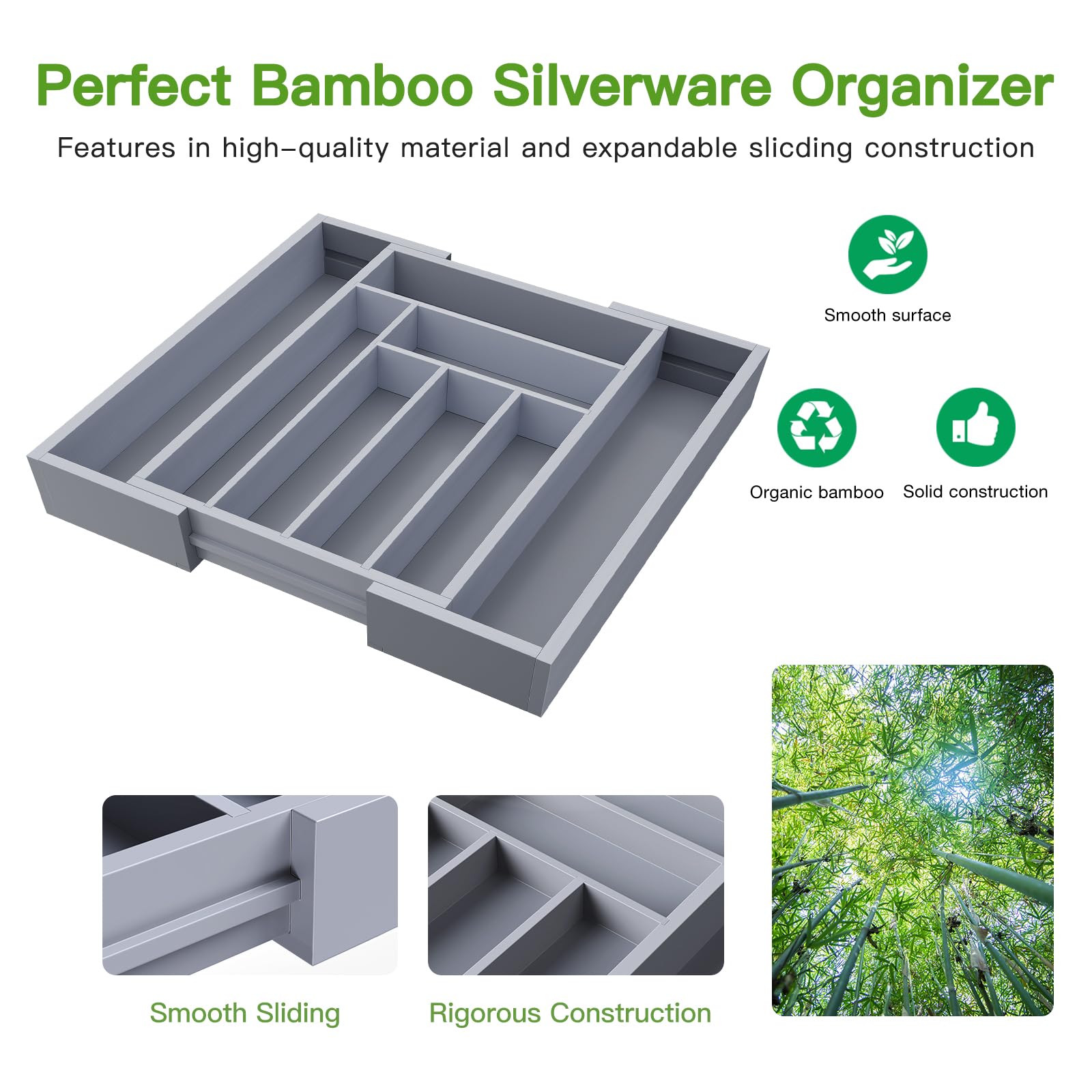 Pipishell Bamboo Expandable Silverware Drawer Organizer, Adjustable Kitchen Utensil Tray for Forks, Spoons and Knives, Wood Storage Cutlery Holder for Bedroom and Living Room
