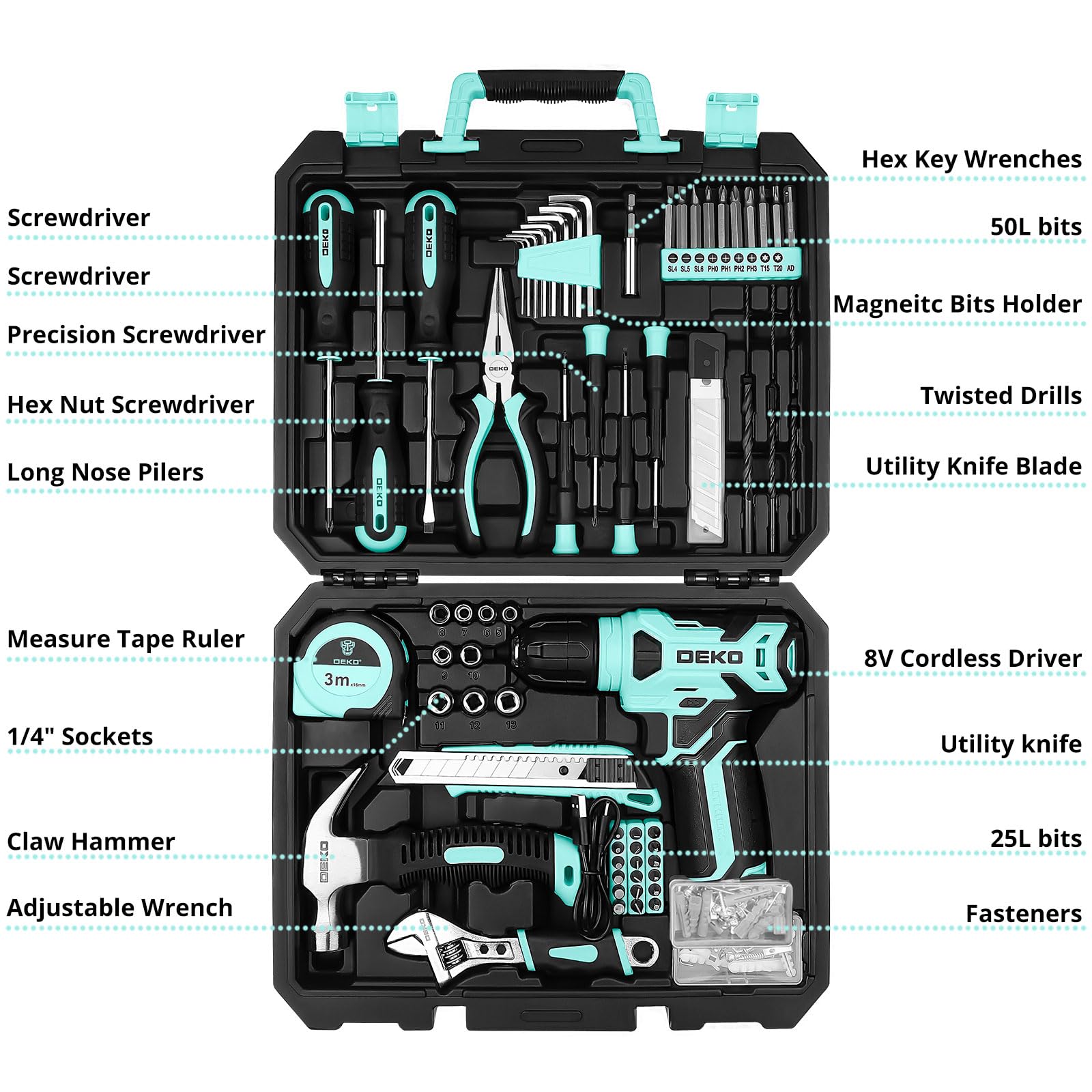 DEKOPRO Tool Set：Tool Kit with 8V Cordless Drill,Tool Box with Drill,Hand Drill Set for Men & Women,Home Tool Kits for House Repair,Handyman,DIY 126 Piece