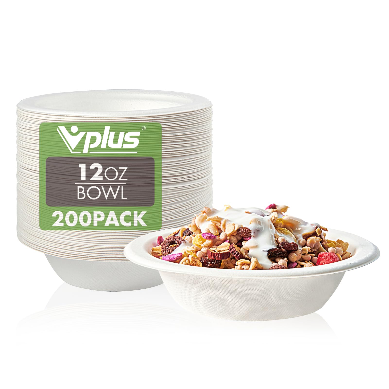 Vplus 200 Pack 16 OZ Paper Bowls, Disposable Compostable Bulk, Eco-friendly Bagasse, Heavy-duty Bowls Perfect for Milk Cereals, Snacks, Salads