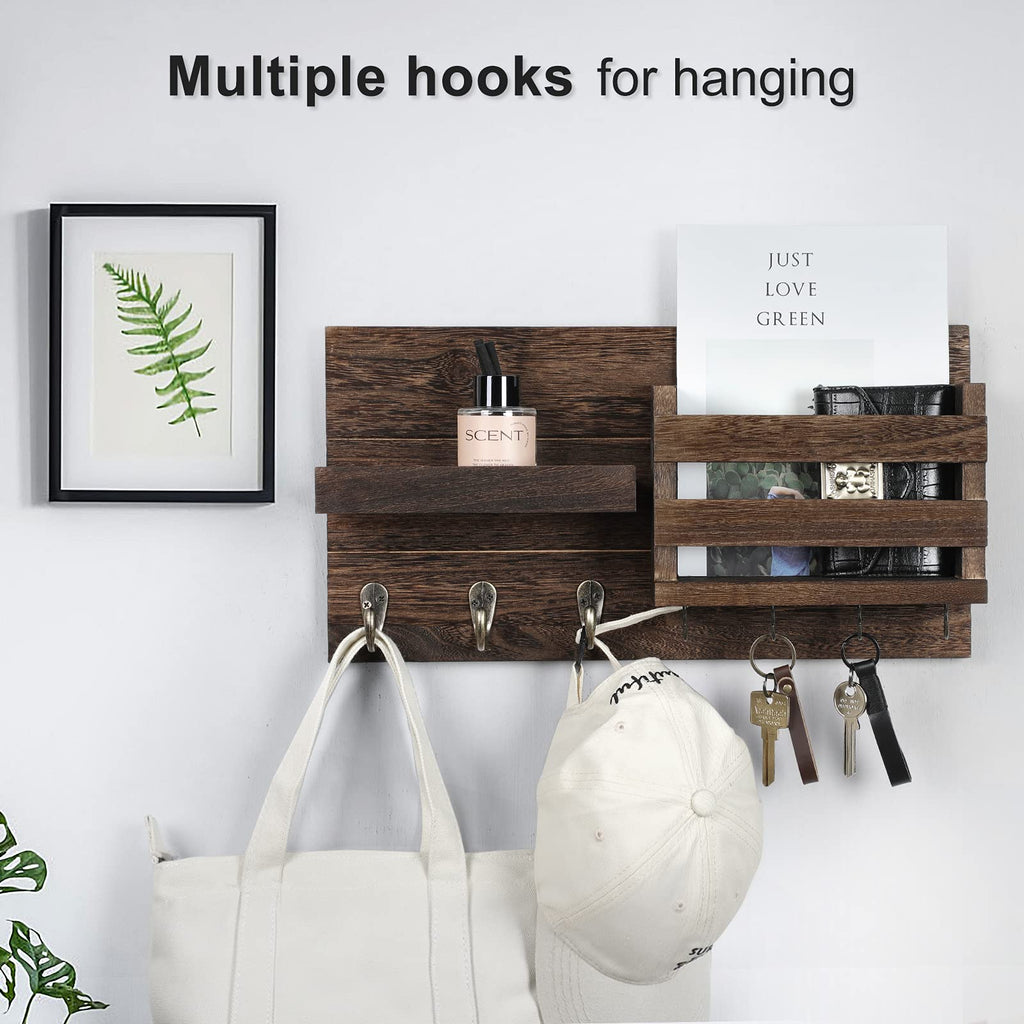 Mail Organizer for Wall Mount – Key Holder with Shelf Includes Letter Holder and Hooks for Coats, Dog Leashes – Rustic Wood with Flush Mounting Hardware (16.5” x 8.7” x 3.5”)