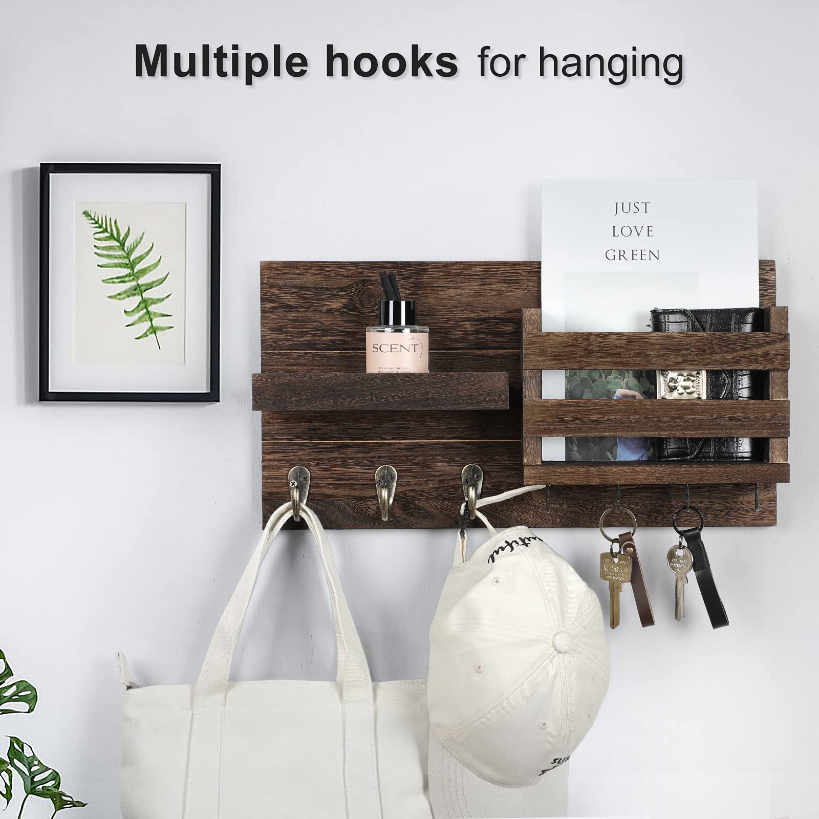 Mail Organizer for Wall Mount – Key Holder with Shelf Includes Letter Holder and Hooks for Coats, Dog Leashes – Rustic Wood with Flush Mounting Hardware (16.5” x 8.7” x 3.5”)