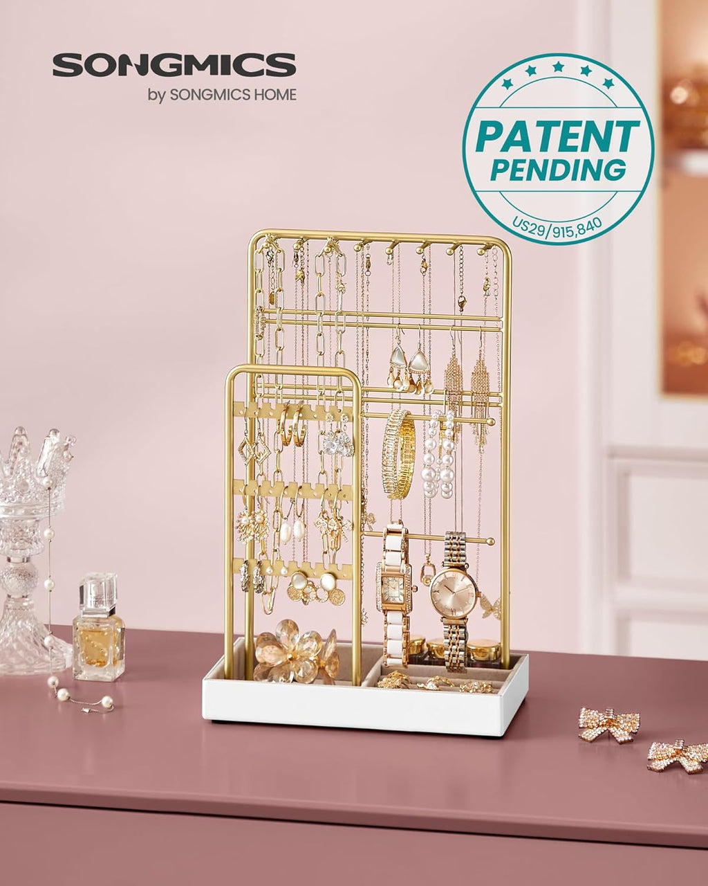 SONGMICS Jewelry Holder, Jewelry Organizer, Jewelry Display Stand with Metal Frame, Velvet Tray, Necklace Earring Bracelet Holder, for Studs, Rings, Gift Idea, Pale Gold UJJS021A01