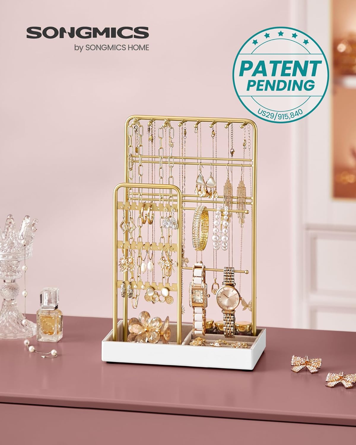SONGMICS Jewelry Holder, Jewelry Organizer, Jewelry Display Stand with Metal Frame, Velvet Tray, Necklace Earring Bracelet Holder, for Studs, Rings, Gift Idea, Pale Gold UJJS021A01