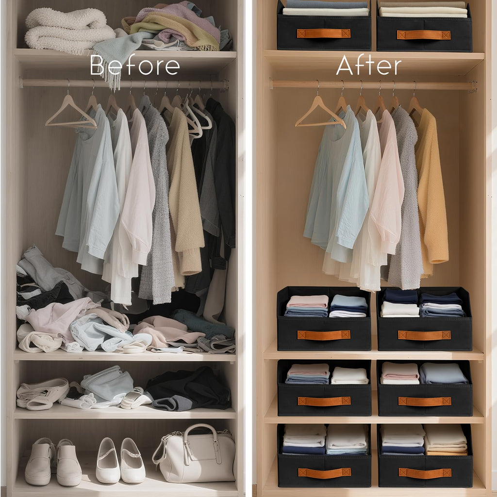 Homsorout Fabric Storage Bins for Organizing - 6 Pack Large Trapezoid Collapsible Storage Bins with Front Handle, Closet Organizers and Storage for Bedroom, Home Shelves, Small Spaces, Beige