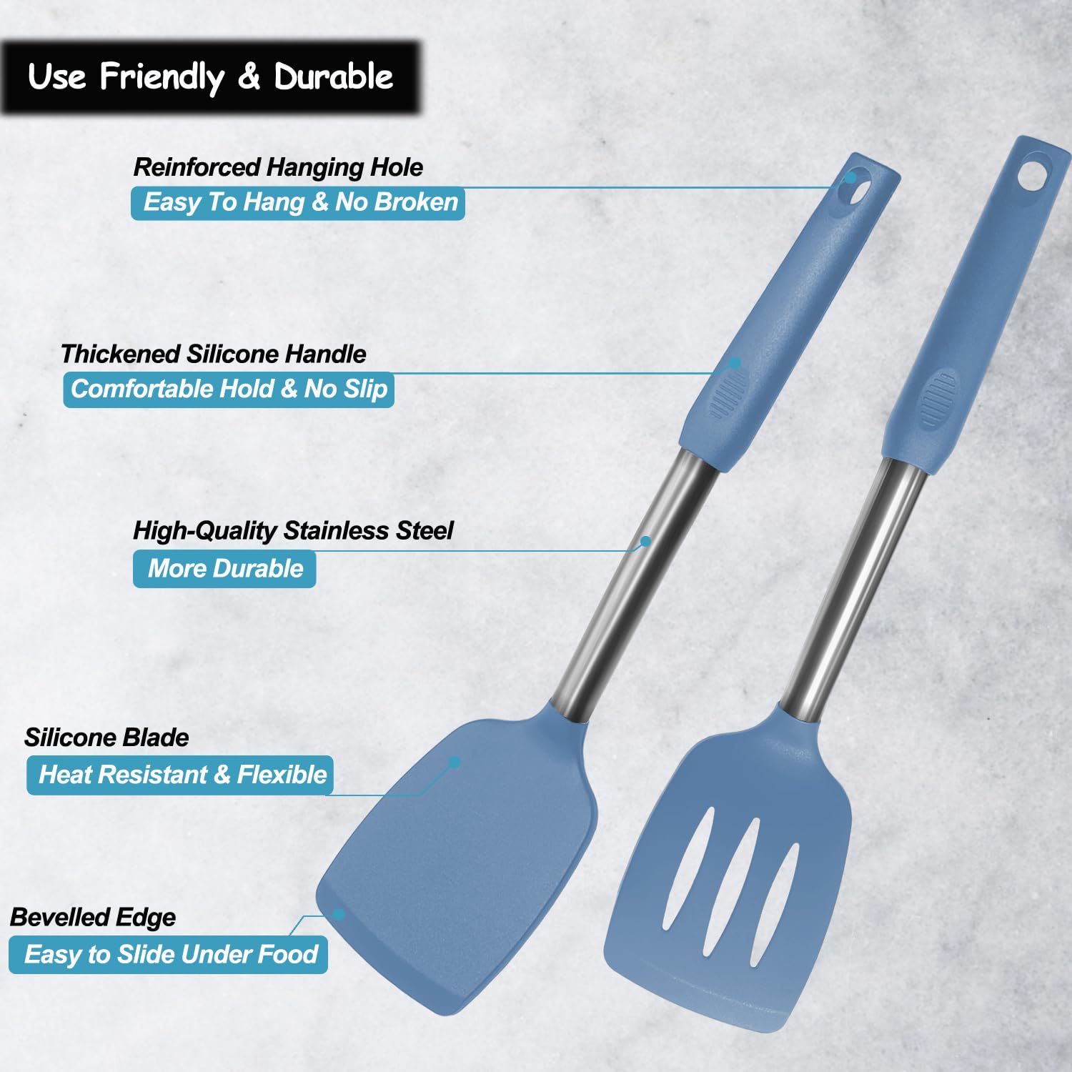 Silicone Spatula and Cooking Spoon,5 Pack Non-Stick Cooking Utensils for Kitchen，Heat Resistant Solid & Slotted Spoons and Spatulas, Stainless Steel Handle Coated with Silicone,Black