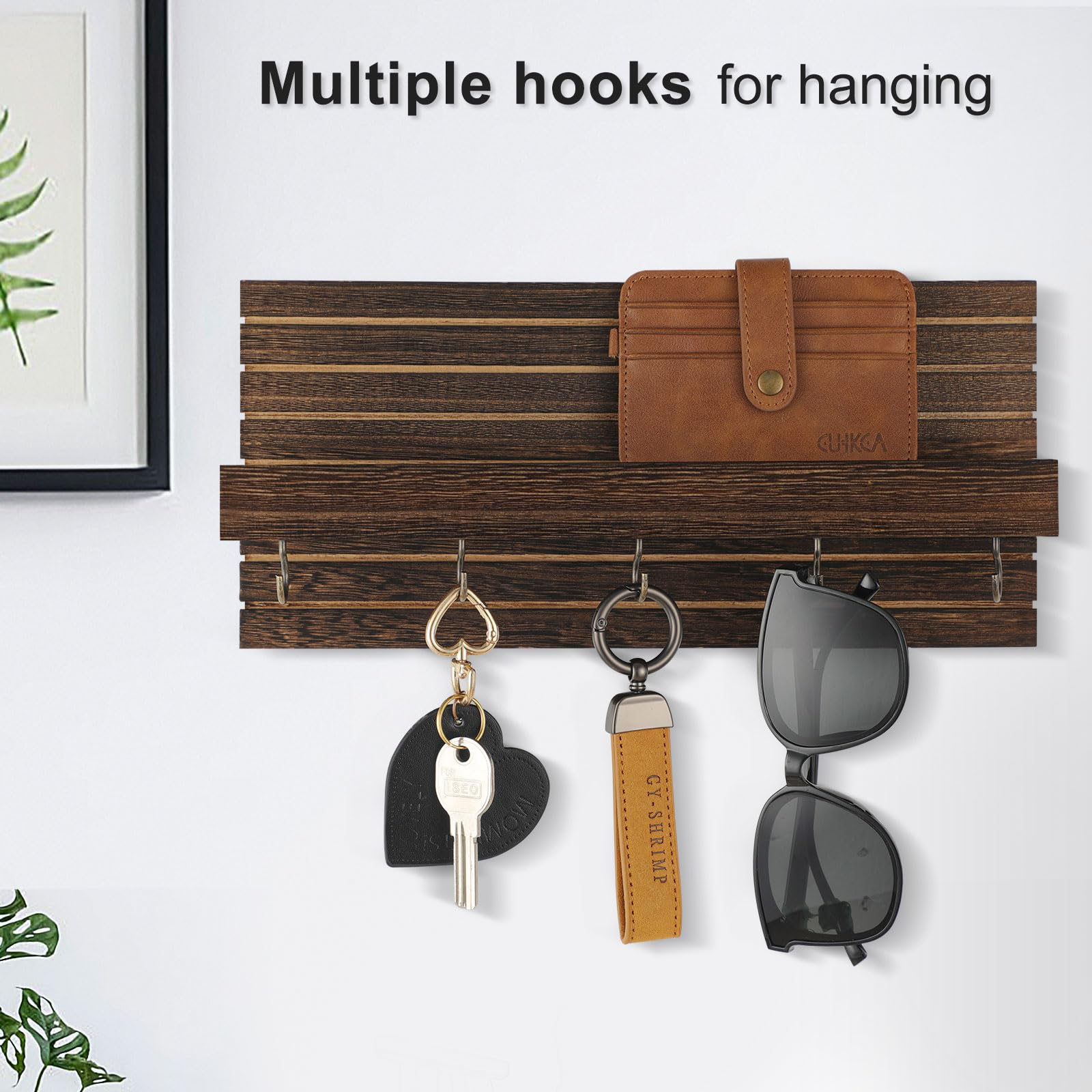 Decorative Key Holder for Wall with Shelf, Entryway Shelf with Hooks Holds Leashes, Jackets and Glasses – Sturdy Wood Keyholder Entrance Hanger with Mounting Hardware (Black, Medium)