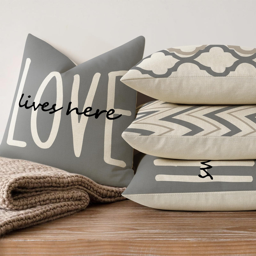 YCOLL Farmhouse Pillow Covers 18x18 Set of 4 Throw Pillow Covers Rustic Linen Decorative Pillows Square Cushion Covers for Couch Sofa Bedroom Home Decor