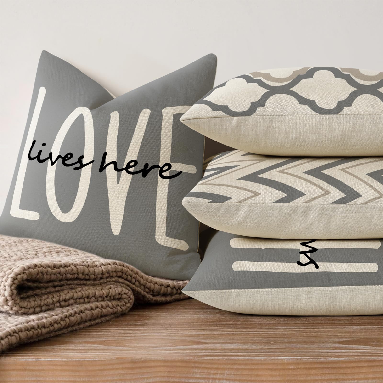 YCOLL Farmhouse Pillow Covers 18x18 Set of 4 Throw Pillow Covers Rustic Linen Decorative Pillows Square Cushion Covers for Couch Sofa Bedroom Home Decor