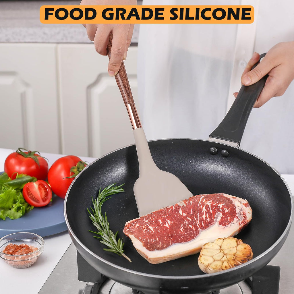 MANJIA Silicone Slotted and Solid Cooking Spoons Set, 2 Piece, Khaki