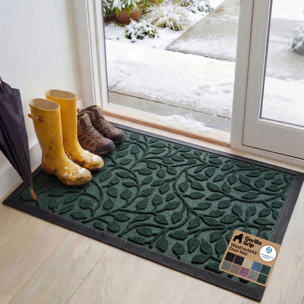 GORILLA GRIP 100% Waterproof All-Season WeatherMAX Doormat US Designed Natural Rubber, Stain Fade Resistant, Low Profile Indoor Outdoor Front Door Mats Outside Entrance, Easy Clean 29x17 Gray Diamond