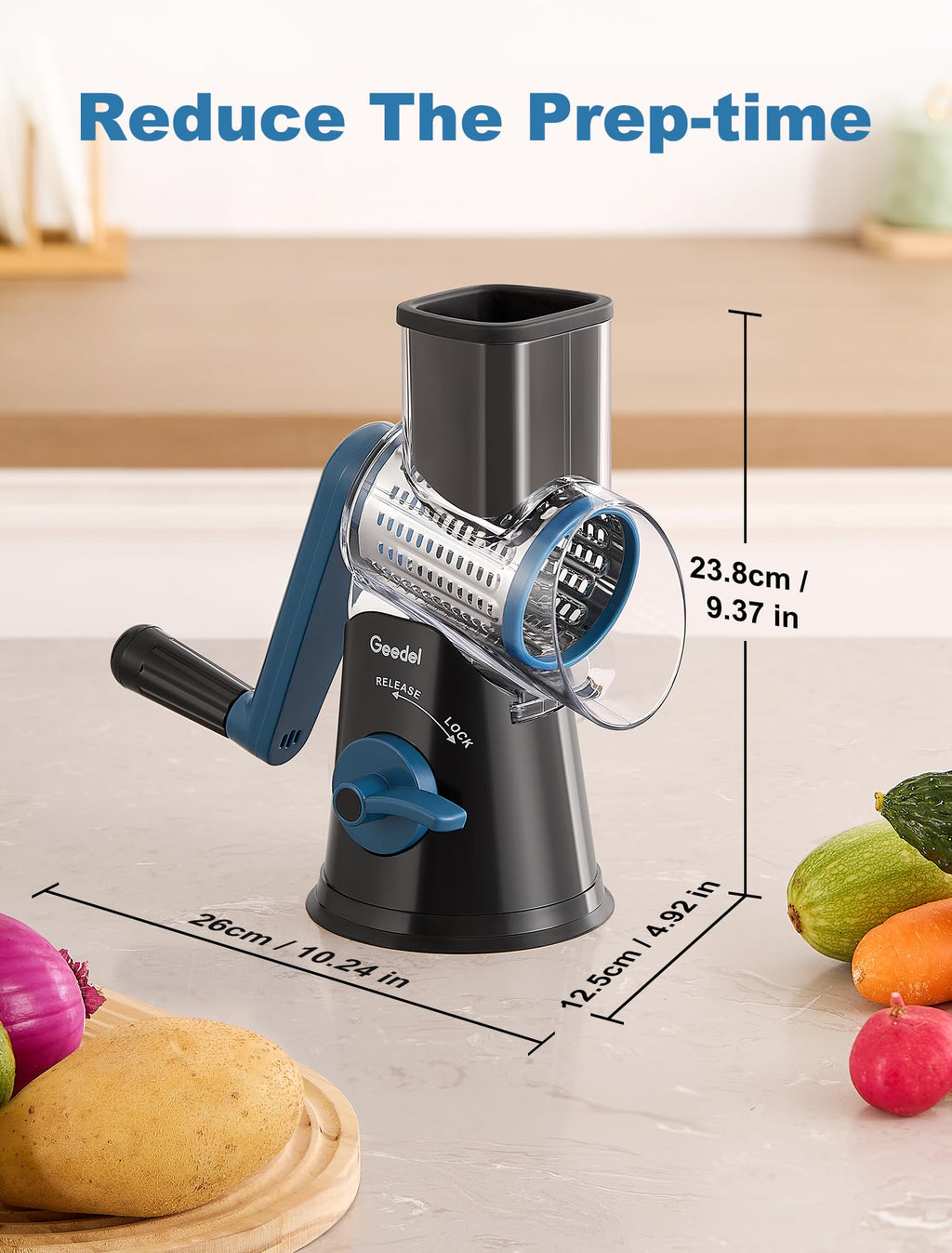 Geedel Rotary Cheese Grater, Kitchen Mandoline Vegetable Slicer with 3 Interchangeable Blades, Easy to Clean Rotary Grater Slicer for Fruit, Vegetables, Nuts