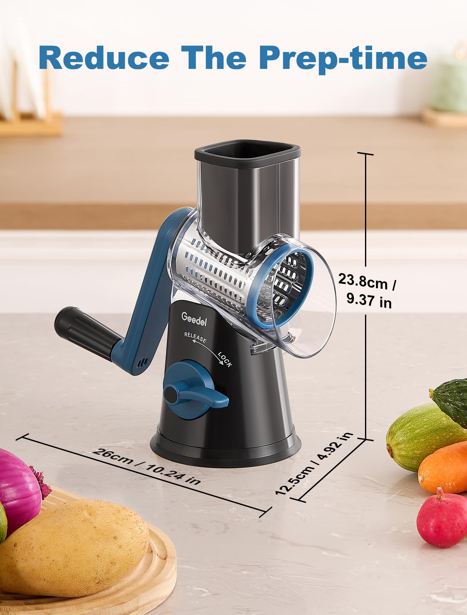 Geedel Rotary Cheese Grater, Kitchen Mandoline Vegetable Slicer with 3 Interchangeable Blades, Easy to Clean Rotary Grater Slicer for Fruit, Vegetables, Nuts