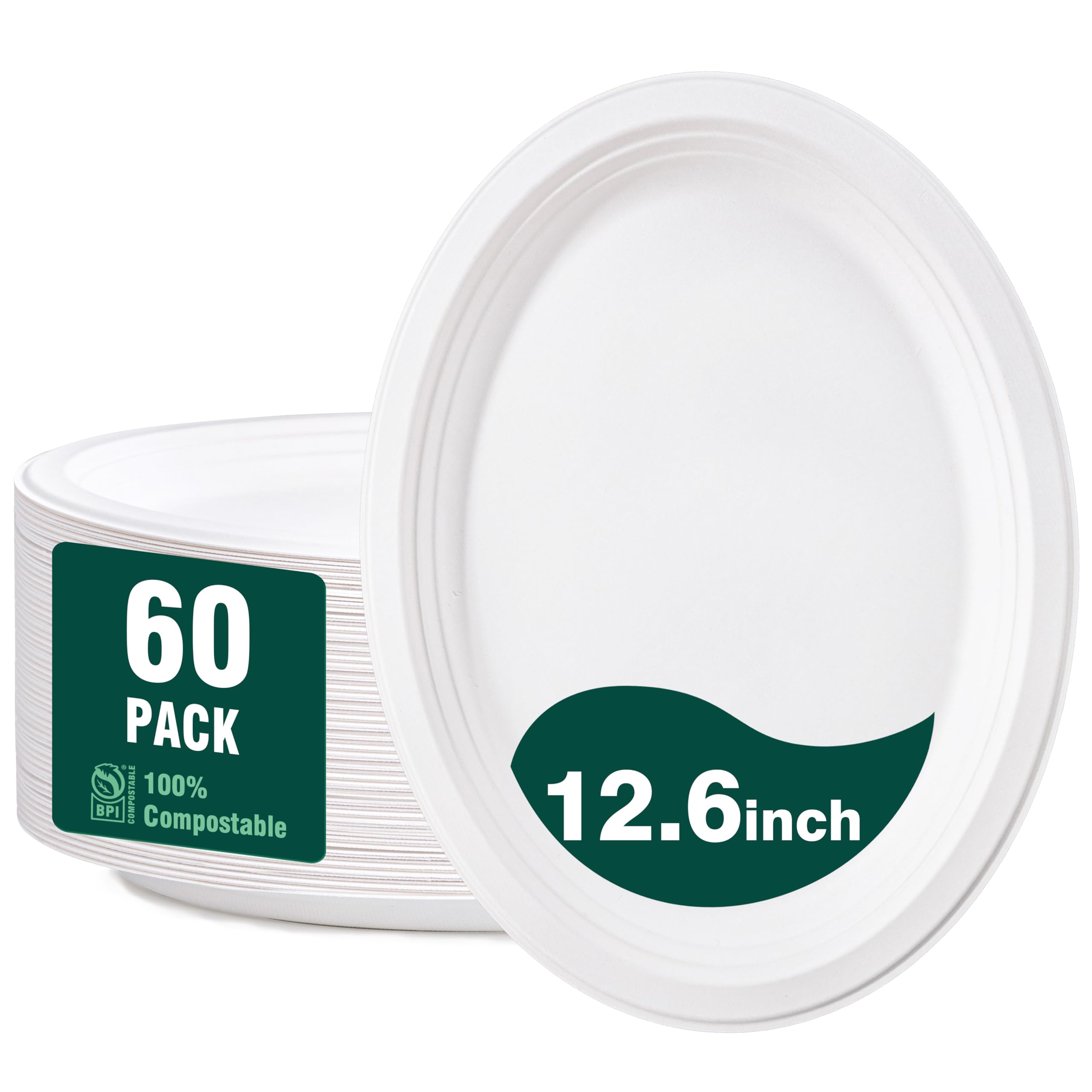 DaYammi 100% Compostable Oval Paper Plates 12 Inch, 60-Pack Heavy Duty Paper Plates Bulk,Biodegradable Bagasse,Eco-Friendly Disposable Dinner Plate for BBQ,Picnic,Party (BPI Certified,Microwaveable)