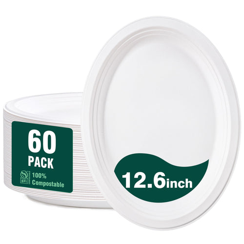 DaYammi 100% Compostable Oval Paper Plates 12 Inch, 60-Pack Heavy Duty Paper Plates Bulk,Biodegradable Bagasse,Eco-Friendly Disposable Dinner Plate for BBQ,Picnic,Party (BPI Certified,Microwaveable)