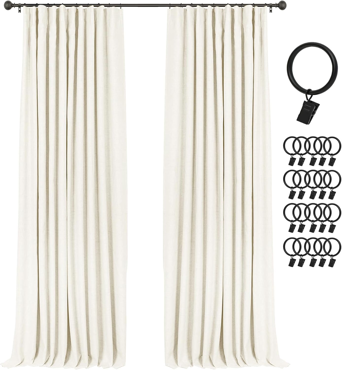 INOVADAY 100% Blackout Curtains for Bedroom, Black Out Curtains 84 Inch Long, Clip Rings Linen Blackout Drapes, Thermal Insulated Room Darkening for Living Room, 2 Panels - Beige,W50xL84