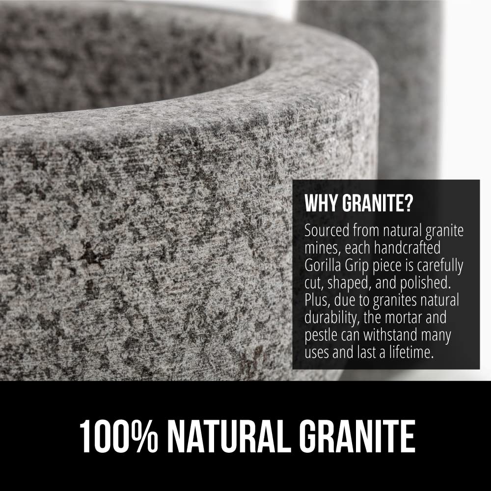 GORILLA GRIP Heavy Duty Mortar and Pestle Set with Slip Resistant Base, 100% Granite Stone Molcajete Guacamole Bowl, Grind Seeds, Garlic, Herb, Kitchen Muddler, Essentials for Chefs, 1.5 Cup Gray