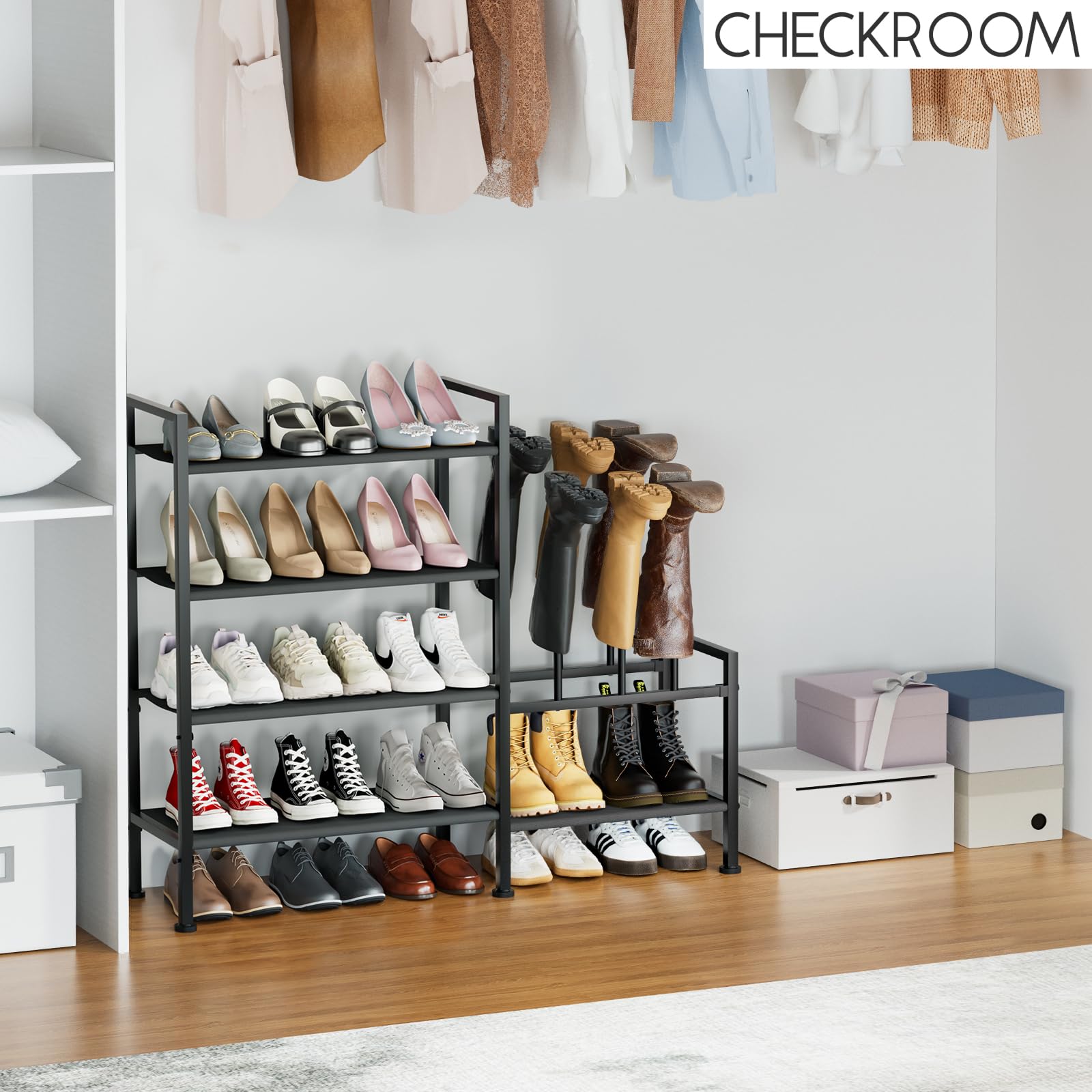 Homsorout Shoe Rack Organizer and Storage - 5 Tier Metal+Non-Woven Fabric Shoe Rack with Boot Storage & Side Any Combination - Space Saving Shoe Shelf for Entryway, Bedroom, Garage, Small Spaces
