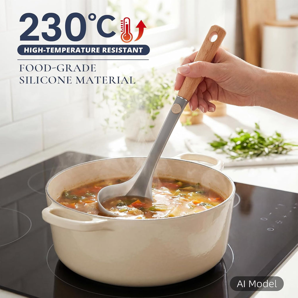 Cooking Spoon and Rice Scooper,Soup spoon for Nonstick Cookwares,3 PIECE for Cooking and Serving Sturdy BPA-Free food grade Silicone,Wood Handle Spoon for Mixing,Scoop,and Scrape
