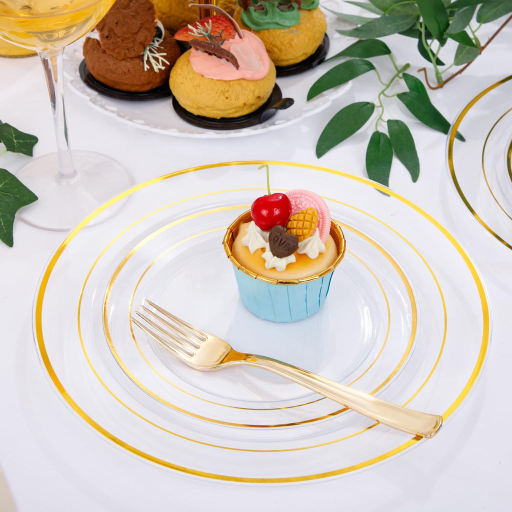 DaYammi 350PCS Gold Plastic Dinnerware Set for 50 Guests, Fancy Disposable Plates for Party, Include: 50 Dinner Plates, 50 Dessert Plates, 50 Pre Rolled Napkins with Gold Silverware, 50 Cups
