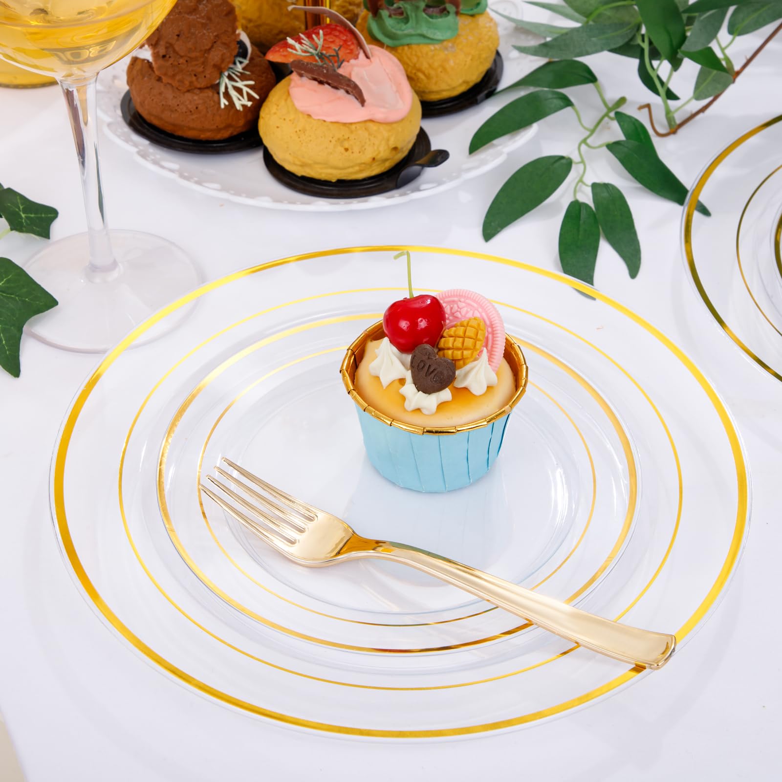DaYammi 350PCS Gold Plastic Dinnerware Set for 50 Guests, Fancy Disposable Plates for Party, Include: 50 Dinner Plates, 50 Dessert Plates, 50 Pre Rolled Napkins with Gold Silverware, 50 Cups