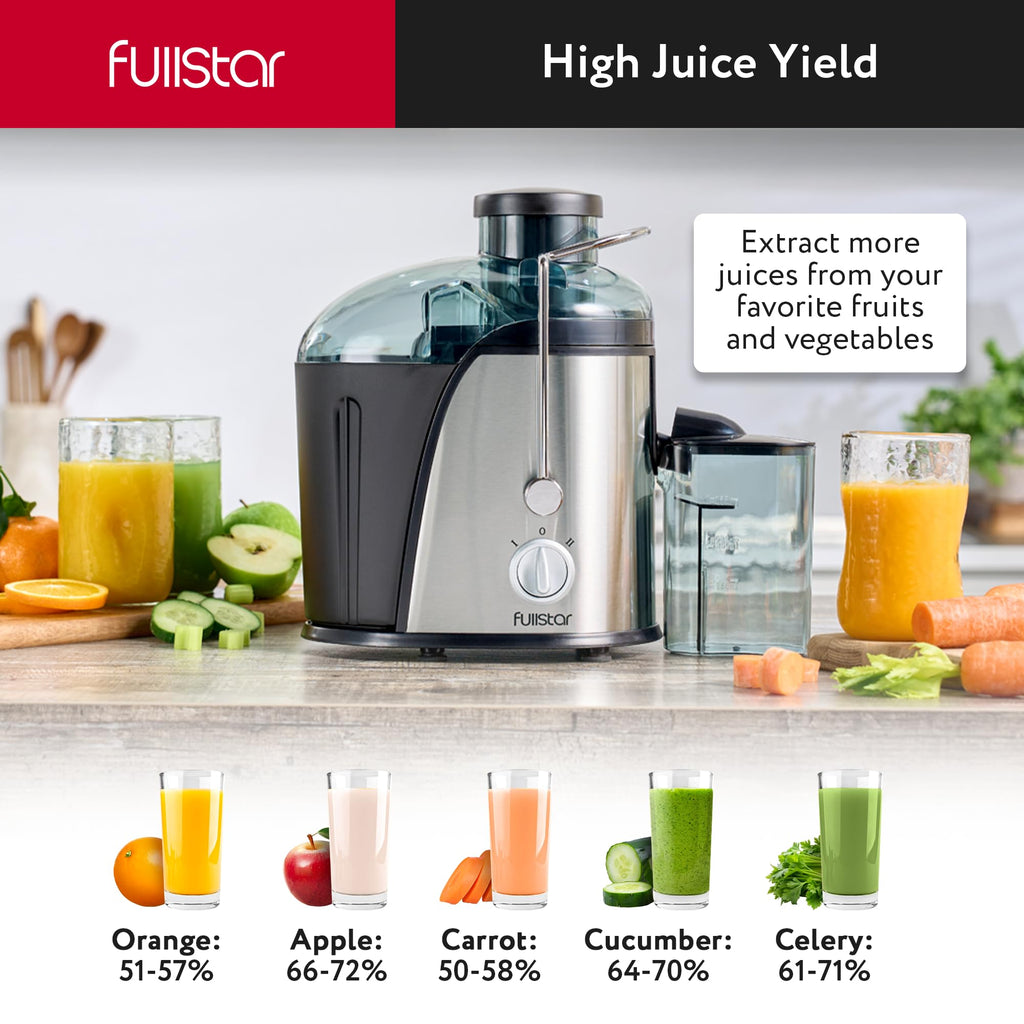 Fullstar Juicer Machines Vegetable and Fruit, 400W Compact Juicer, 3" Wide Mouth, 2-Speed Setting, Stainless Steel, BPA-Free (Black)
