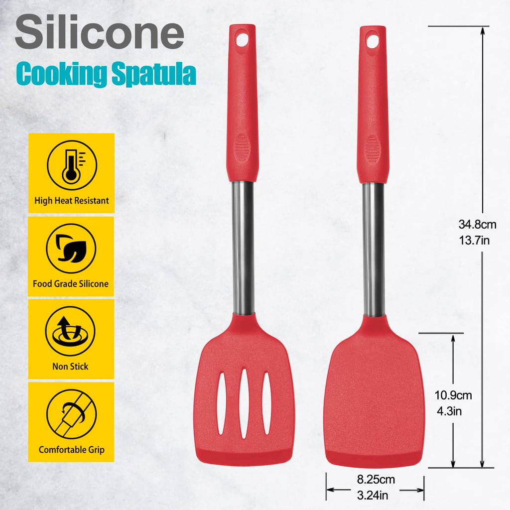 2 Pack Spatulas, Solid & Slotted Silicone Spatula Set, Stainless Steel Handle Coated with Silicone, Non Stick Turners, Heat Resistant Rubber Spatulas for Fish, Eggs, Pancakes, WOK, Black